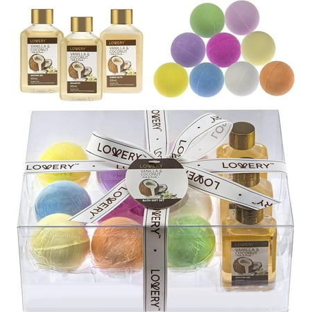 Lovery 12-Piece Deluxe Bath Bombs Gift Set with Vanilla Coconut Shower Gel, Shampoo, Bubble Bath & 9 Huge Bath Bombs