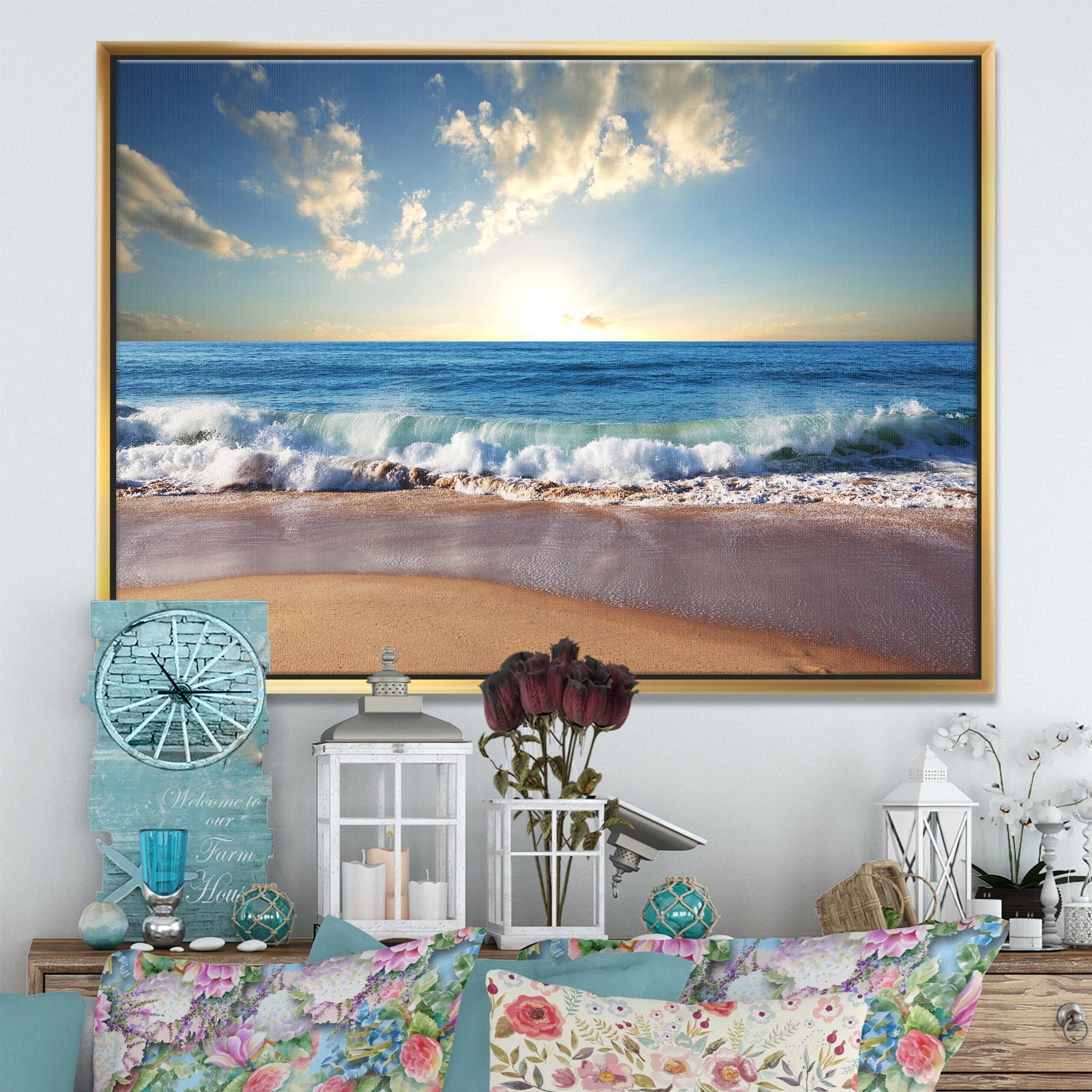 Designart ' Sea Sunset ' Seascape Photography Framed Canvas Art Print