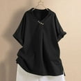 thumbnail image 2 of Olyvenn Women's Cotton Linen Shirts Casual V Neck Short Sleeve Blouse Loose Fit Vintage Summer Lapel Collar Tunic Tops Black S, 2 of 9
