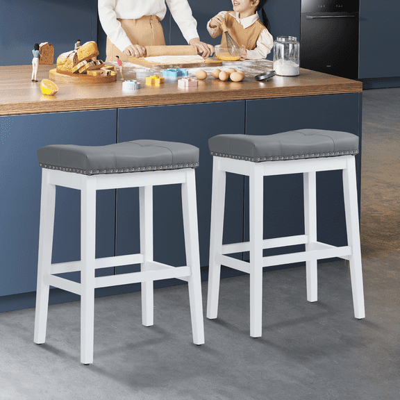 Magshion Bar Stools Set of 2, Modern Counter Height, PU Leather Saddle Seats for Kitchen, Island, Bistro, Gray