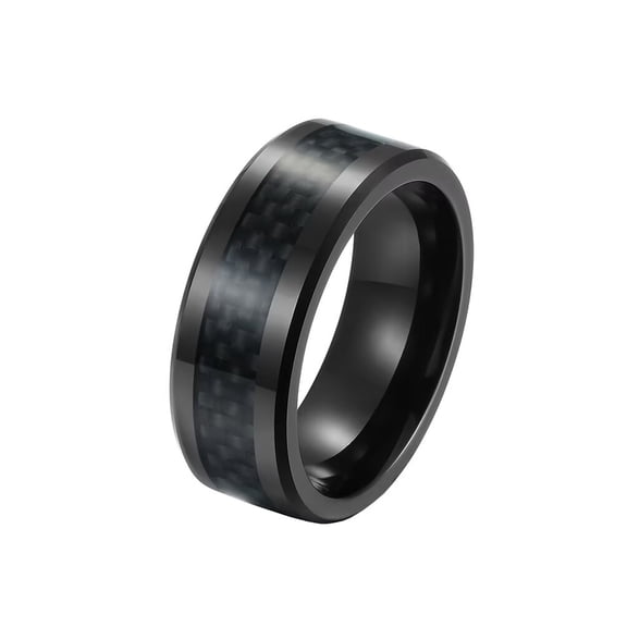 PAMTIER Men's 8mm Tungsten Steel Domed Style Black Carbon Fiber Inlay Plain Black Finger Ring Matte Brushed Beveled Edges Comfort Fit Size 7