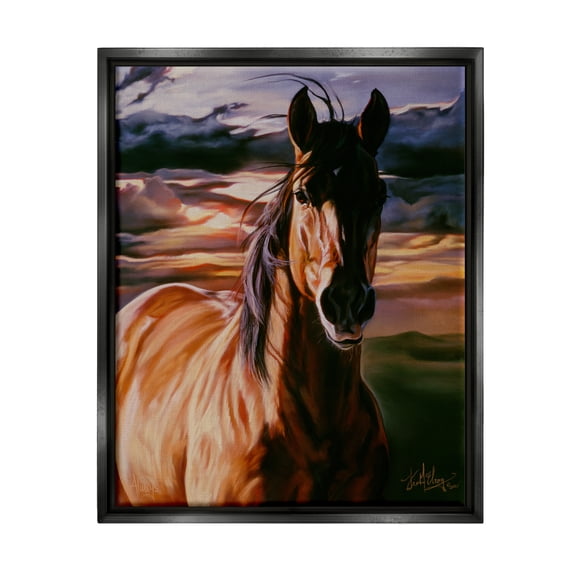 Stupell Industries Horse Landscape Painting Animals & Insects Painting Black Floater Framed Art Print Wall Art, 17 x 21