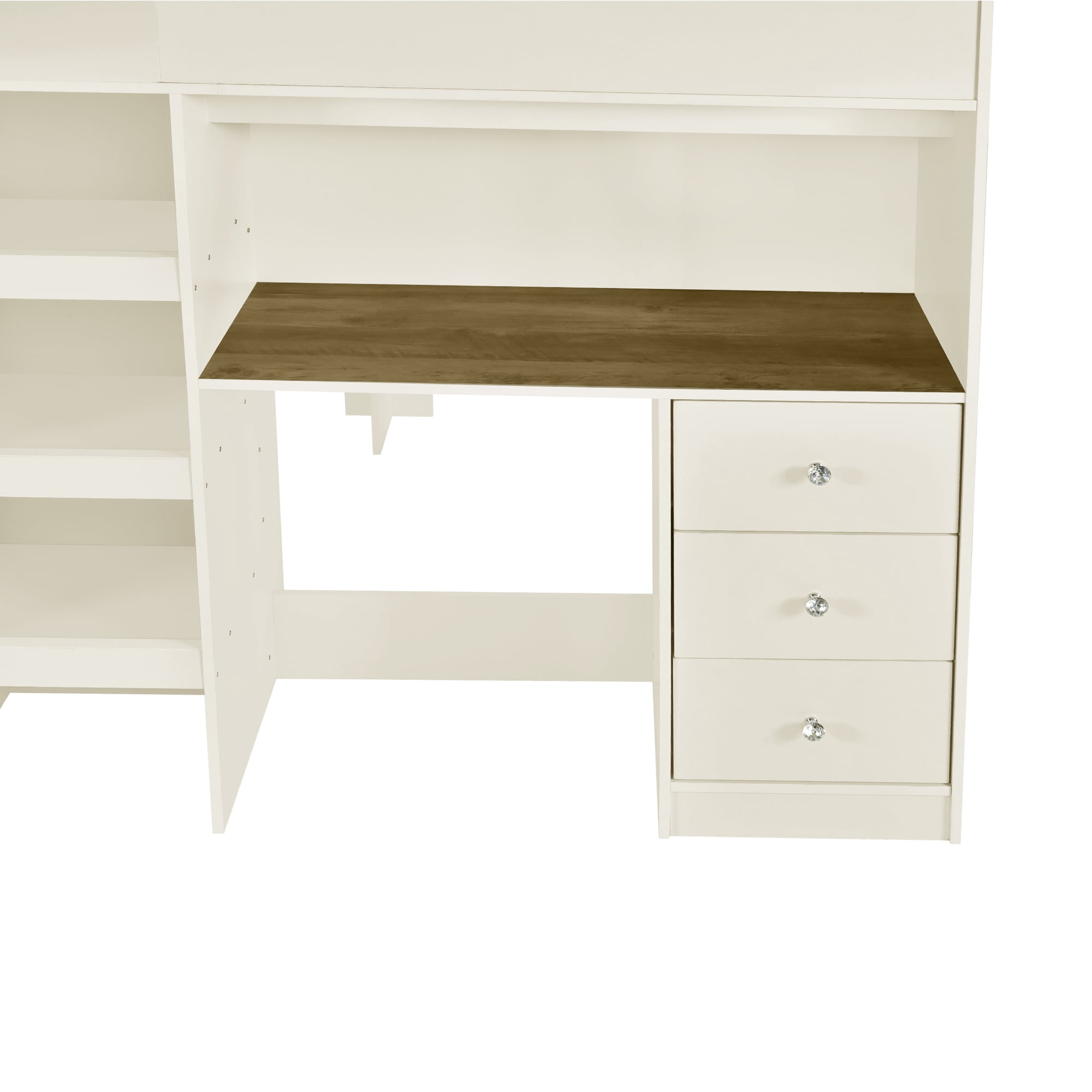 Euroco Wood Full Size Loft Bed with Wardrobe and Desk, 3 Drawers and Shelves for Kids Teens, Beige