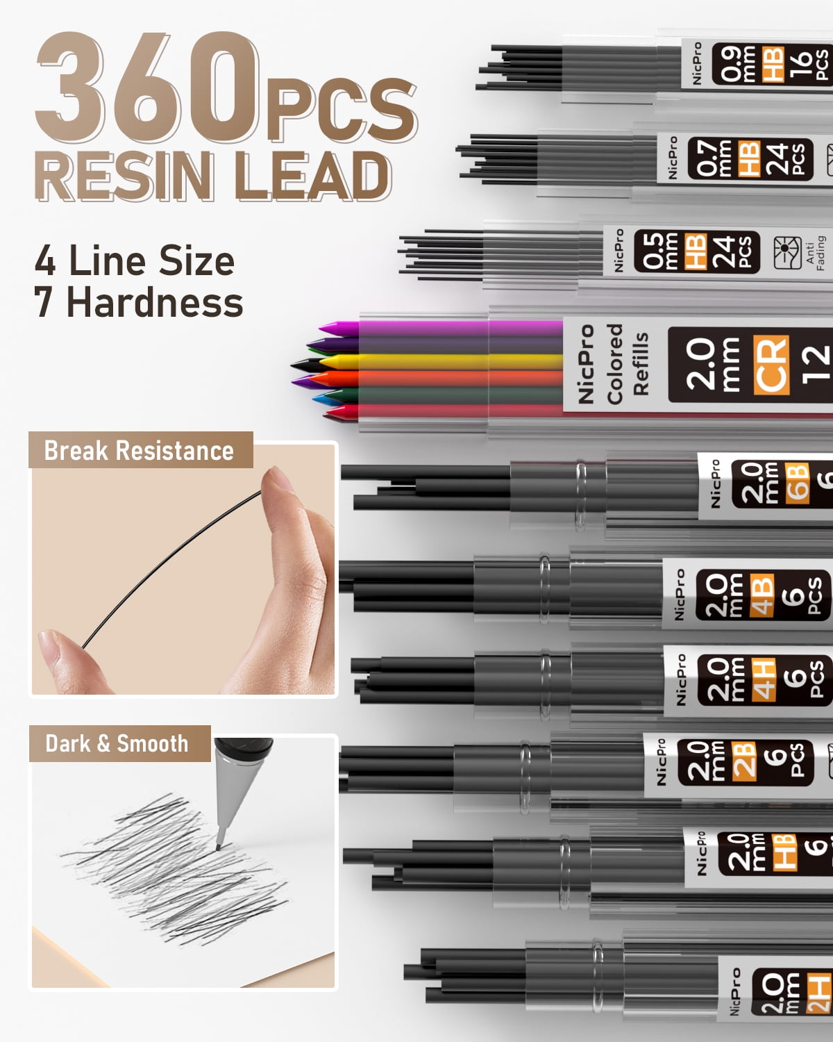 Nicpro 6 Pcs Metal Mechanical Pencils, Drafting Pencil 0.5 mm & 0.7 mm & 0.9 mm & 3 Pcs 2mm Lead Holder (6B 4B 2B HB 2H 4H Colors) with 20 Tube Lead Refills Case