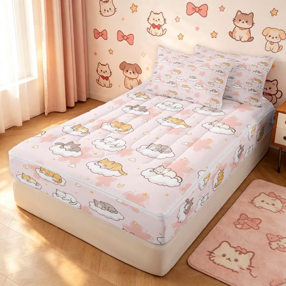 Manfei Funny Pet Zipper Twin Comforter Sets with Fitted Sheet and 2 Pillowcases, Kawaii Slepping Cat Zipper Bedding Set, Pink, Pink Reversible, 4pcs