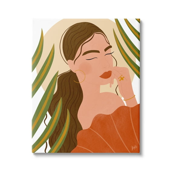 Stupell Industries Woman Tropical Snake Plant Leaves Circle Cutout Shape Graphic Art Gallery Wrapped Canvas Print Wall Art, Design by Birch&Ink