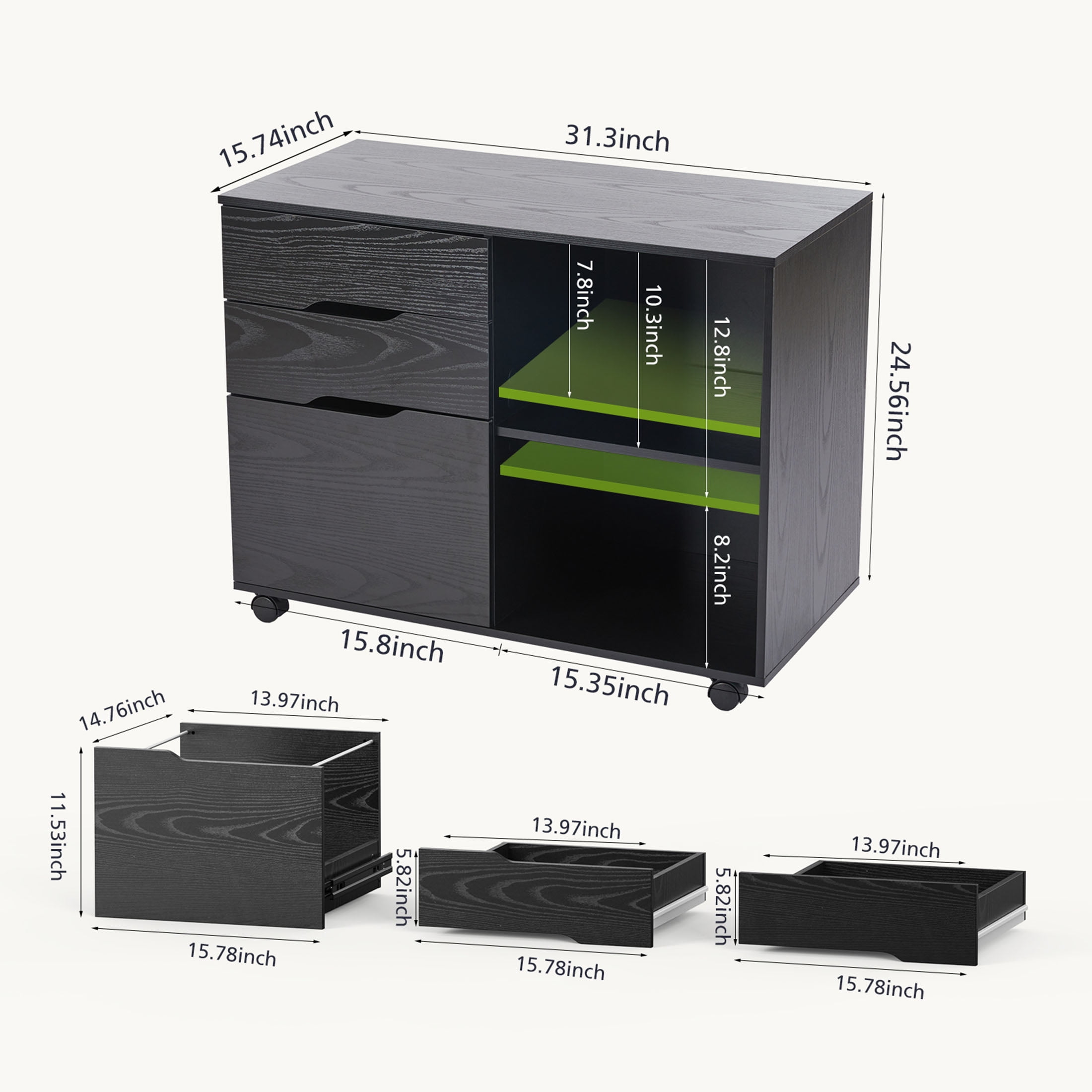 JIOABL 3-Drawer File Cabinet, Lateral Mobile Filing Cabinet Wood Storage Organizer with Wheels, Printer Stand & Open Shelves for Home Office, Black