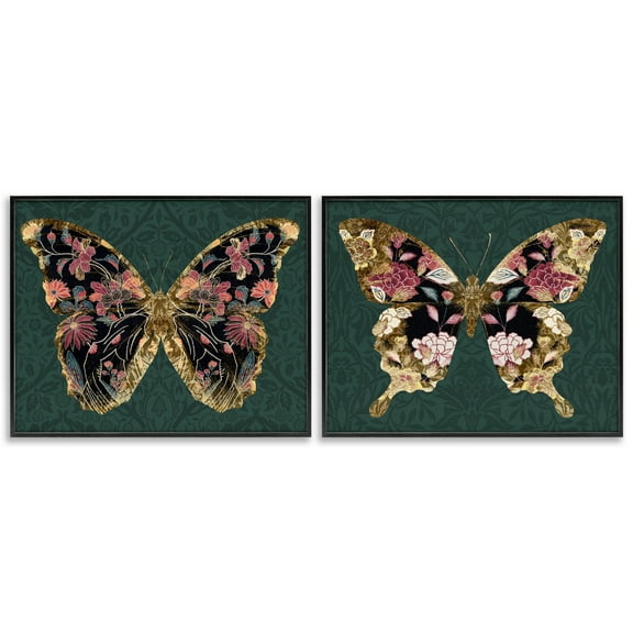 Stupell Industries Gold Black Floral Butterfly Animals Painting Black Framed Art Print Wall Art, 14 x 11, Set of 2