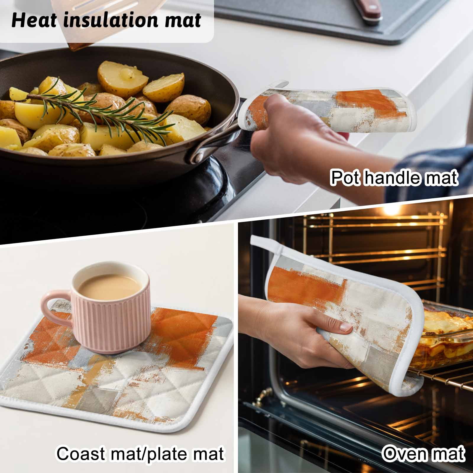 Burnt Orange Pot Holders for Kitchen Heatproof Potholder, 3 Pack Modern Geometric Grey Oil Painting Abstract Hot Pads Multipurpose Oven Pads Cloth Potholders Trivet for Cooking Baking