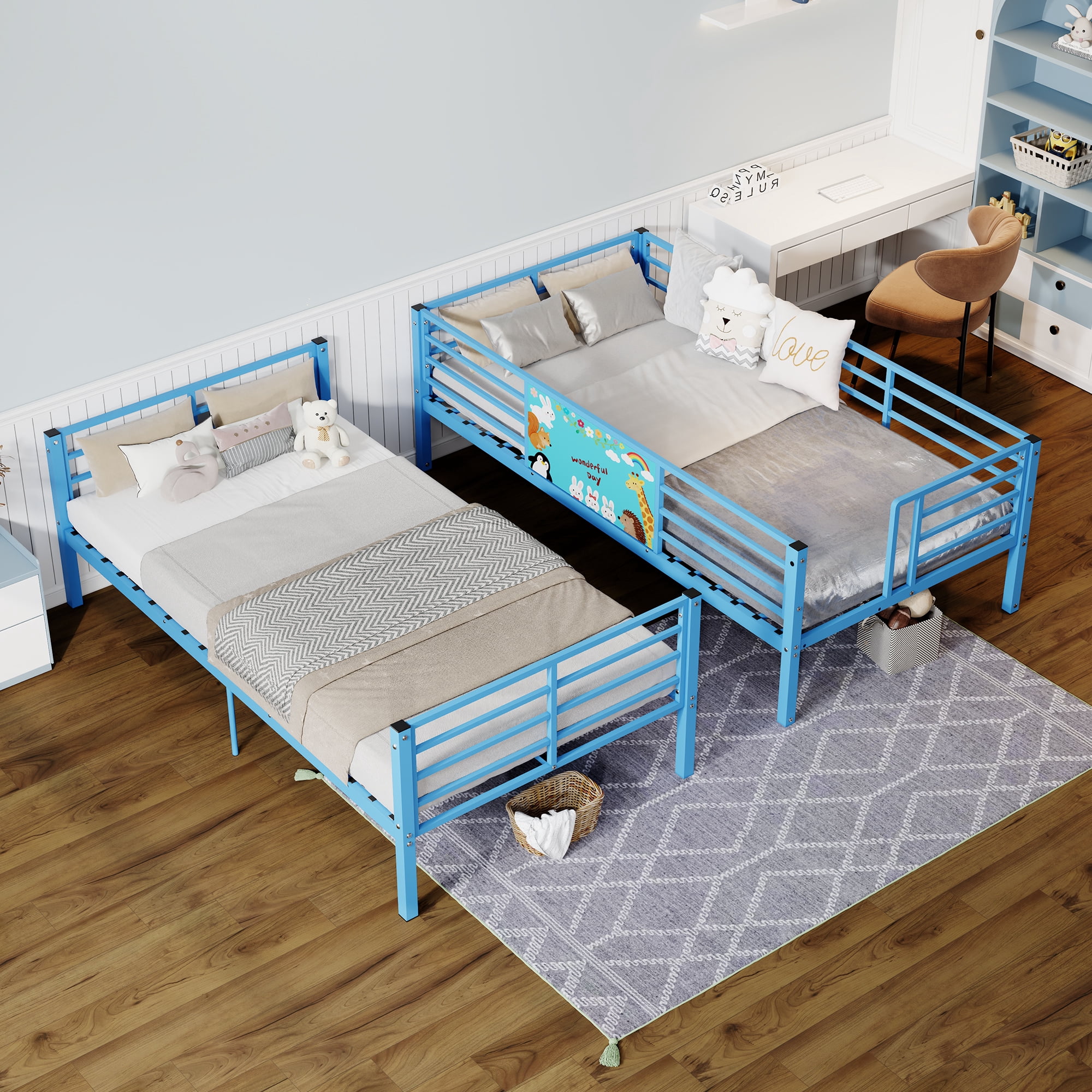 Metal Floor Bunk Bed Twin Over Twin with Ladder and Heavy Duty Slats, Space Saving Frame for Bedroom and Dorm, No Box Spring Needed, Blue