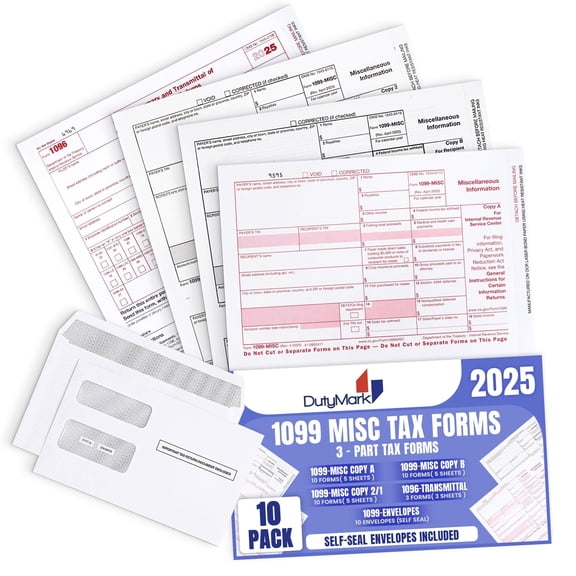 1099 Misc Tax Form Set 2025 with Envelopes 10 Pack 3-Part Laser Compatible