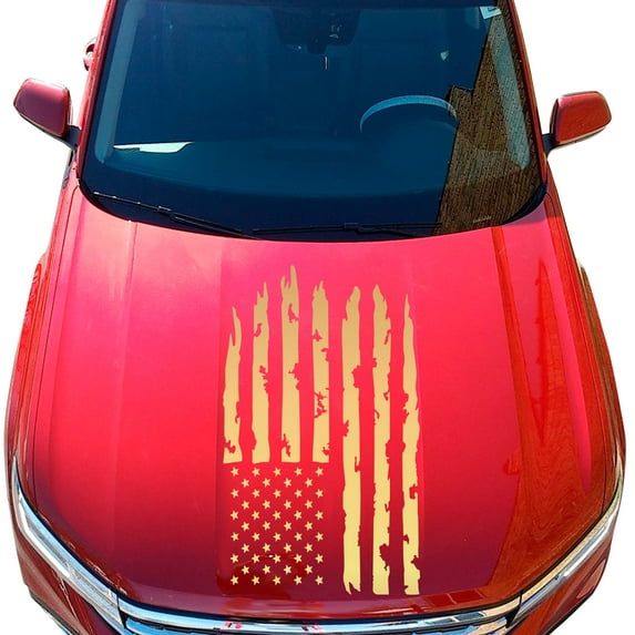 Distressed American USA US Flag Hood Vinyl Decal fits Most Pickup Trucks SUV Sedan Jeep EUA Flag Graphic Car Sticker (23" x 36", Gold (Metallic))