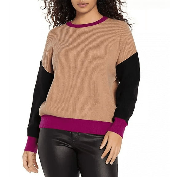 Express Women's Relaxed Sweater Tan/Black/Fuchsia XXL