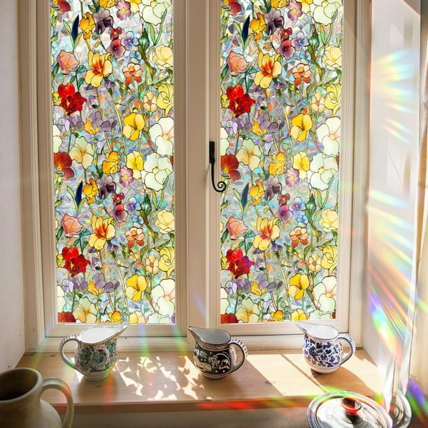 Película de privacidad para ventana con diseño de flores de colores arcoíris de 39,4 x 17 pulgadas, 3D, para vitrales, decorativa, no adhesiva, estática, reutilizable, resistente a los rayos UV.