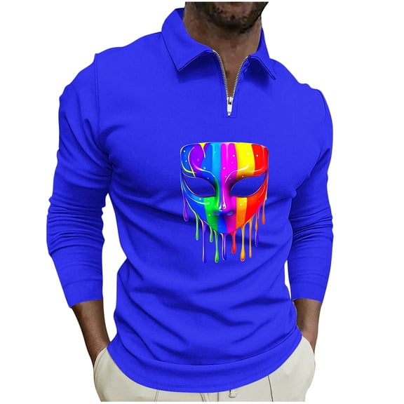 LMOIPLI Men's Mardi Gras Shirts Long Sleeve Dress Shirt Casual 1/4 Zip Lapel Shirts Party Carnival Printed Outfits Top Blue L