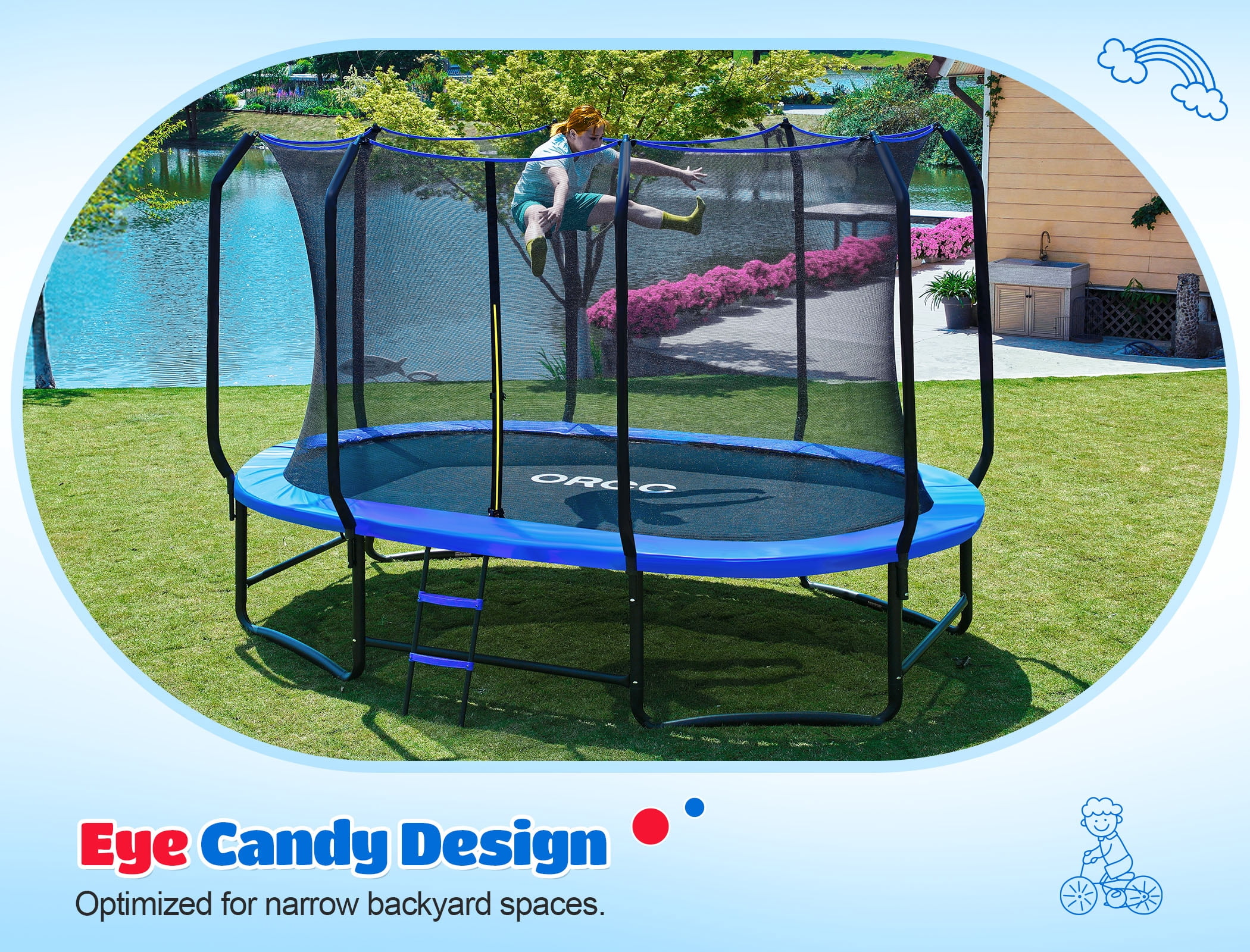 ORCC 1200LBS Capacity Oval 10X16FT Heavy-Duty Yard Trampoline for Kids & Adults with Safety Enclosure, 1.6mm Thickened Steel Frame & Reinforced Legs, Outdoor Gymnastics Trampoline