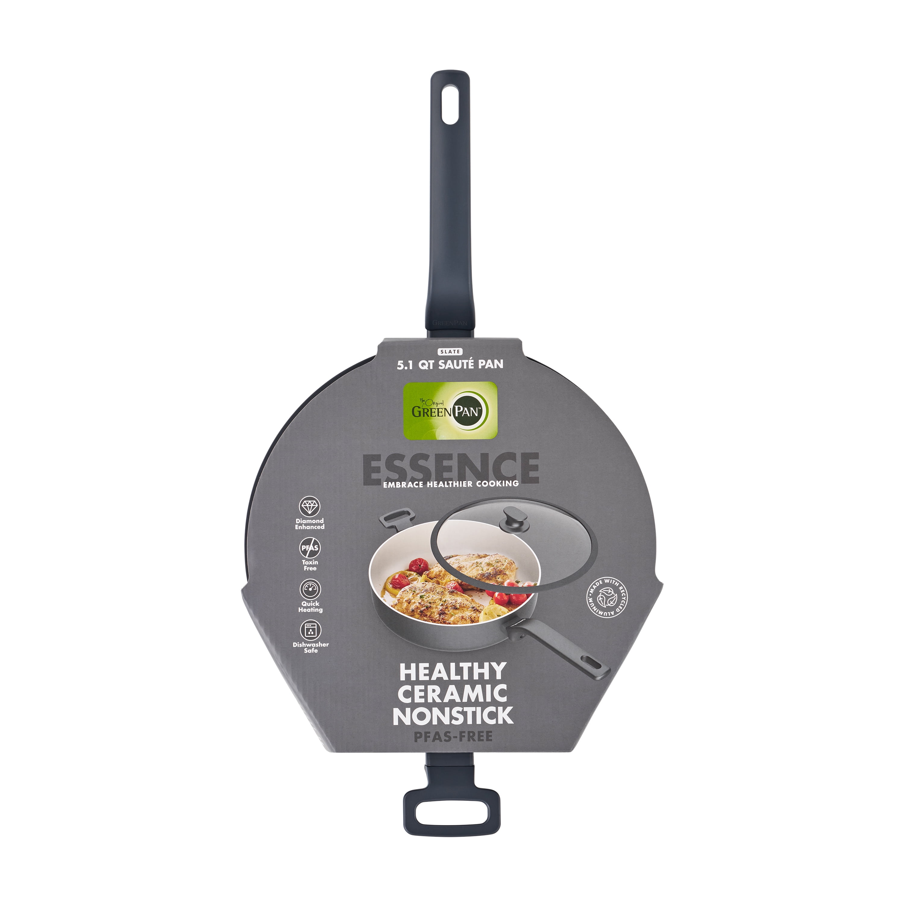 GreenPan Essence 5QT Jumbo Ceramic Nonstick Sauté Pan with Lid, Oven Safe, Dishwasher Safe, Gray​