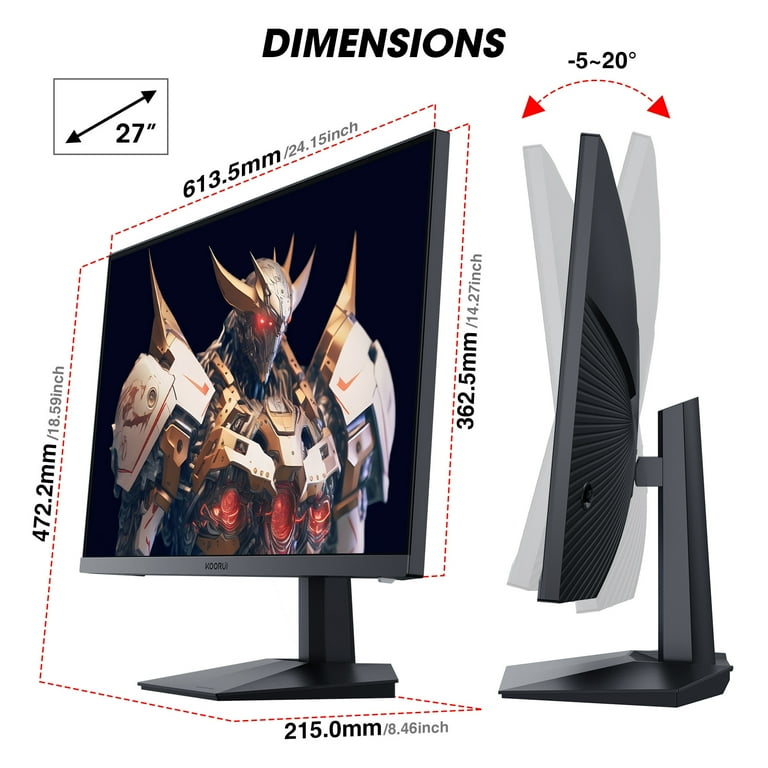  KOORUI 27 Gaming Monitor,Full HD 165hz 1ms, DCI-P3 90% Color  Gamut, Adaptive Sync Compatible, (1920 x 1080, HDMI, DisplayPort) Black :  Electronics