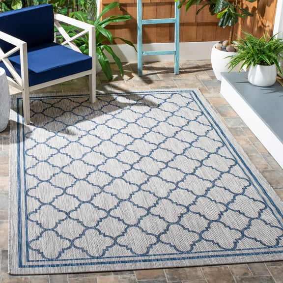 SAFAVIEH Courtyard Claudia Geometric Indoor/Outdoor Area Rug, Grey/Navy, 5'3" x 7'7"