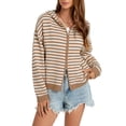 thumbnail image 2 of Gamivast Striped Hoodies for Women Zip up Knit Cardigan Sweaters Long Sleeve Casual Drop Shoulder Fall Outerwear Lightweight Comfy Jackets Khaki S, 2 of 7