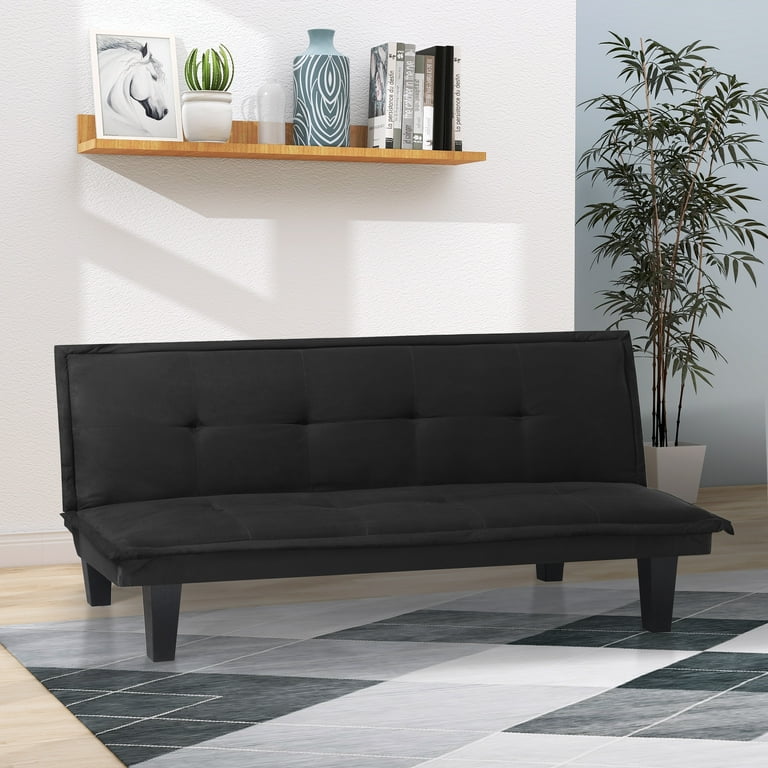 BSHTI 63.8 inch Modern Futon Sofa Bed Black Faux Suede Convertible