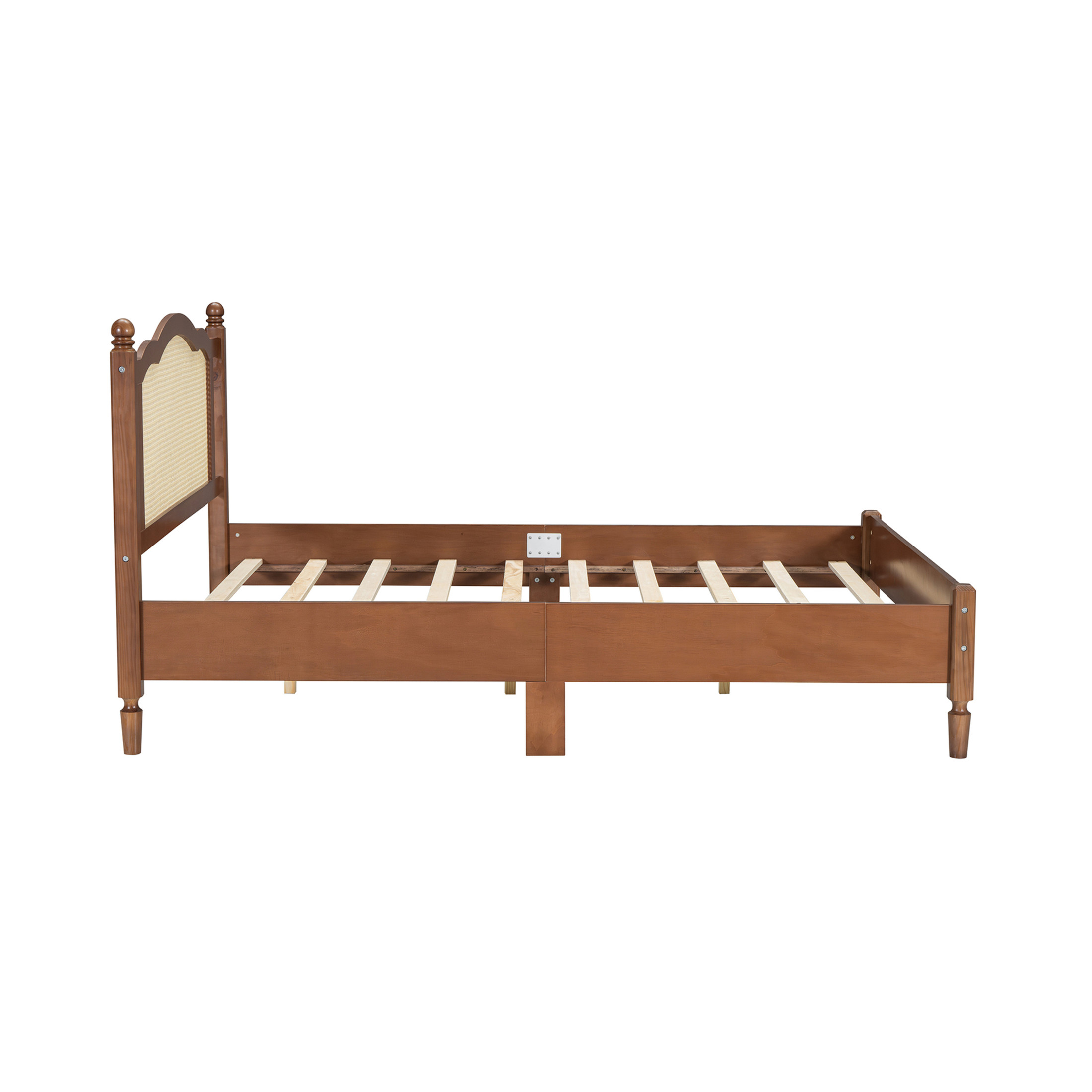 Noble House Queen Size Wooden Platform Bed with Natural Rattan Headboard,Wooden Slat Support,Walnut