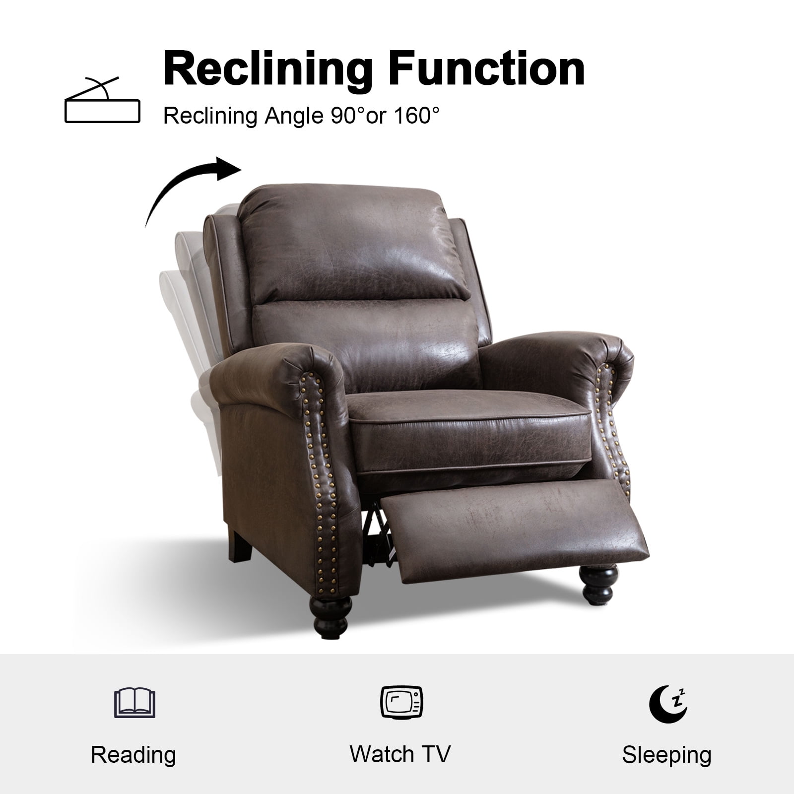 Ebello PU Leather Pushback Recliner Chair with Nailhead Trim - Vintage Style Push Back Lounge Chair for Bedroom & Living Room 350lbs Capacity, Dark Grey