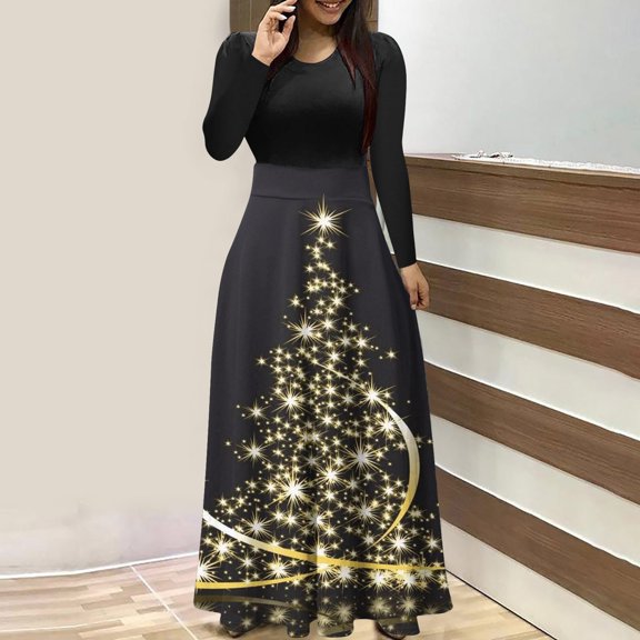 Lilgiuy Women's Christmas Print Colorful Long Dress Short Sleeve Print Dresses Beach Casual Maxi Sundress for Dance Performance