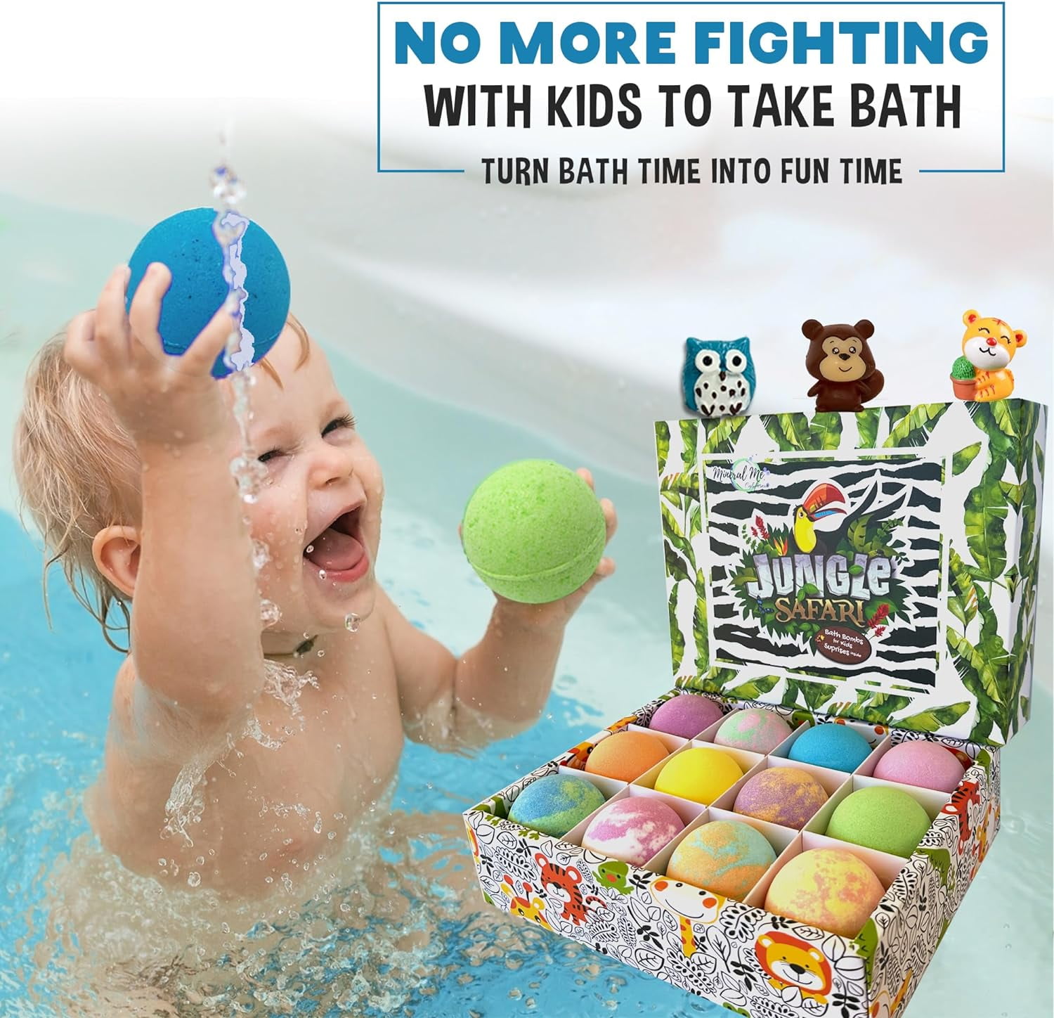 Jungle Safari Bath Bombs for Kids with Toys Inside by Mineral Me California w/ Mild Fruity Scent