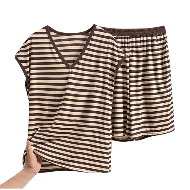 Bocqde Ensembles de Pyjama d'Été pour Femmes Grande Taille Mode T-Shirt à Col en V Imprimé à Rayures et Short à Taille Élastique Ensemble de Pyjama 2 Pcs pour Femmes Coupe Décontractée Tenue de Détente Confortable
