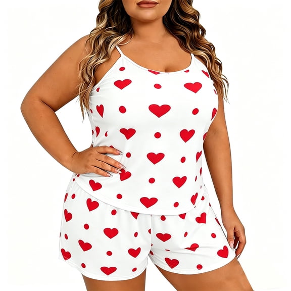 UAMVSH Women's Plus Size Pajama Set 2 Piece Heart Print Cami Pjs Summer Crewneck Tank Top and Shorts Lounge Set Soft Nightwear