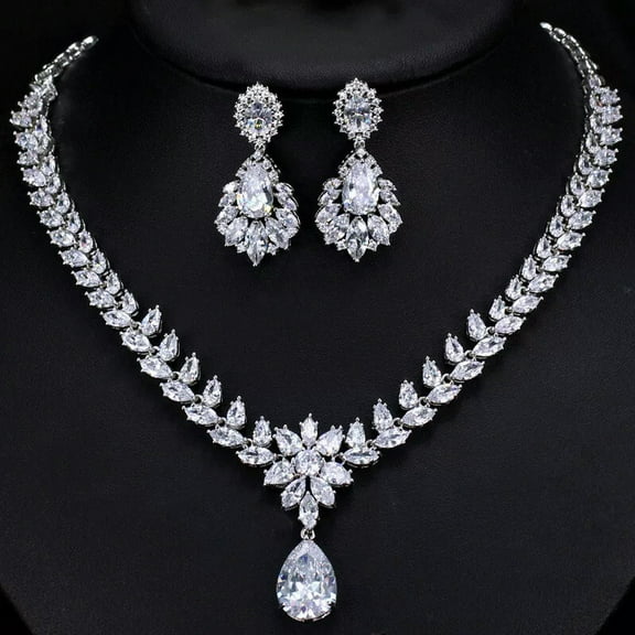 Sparkling Water Drop Big Earrings Wedding Necklace Set Cubic Zirconia CZ Jewelry