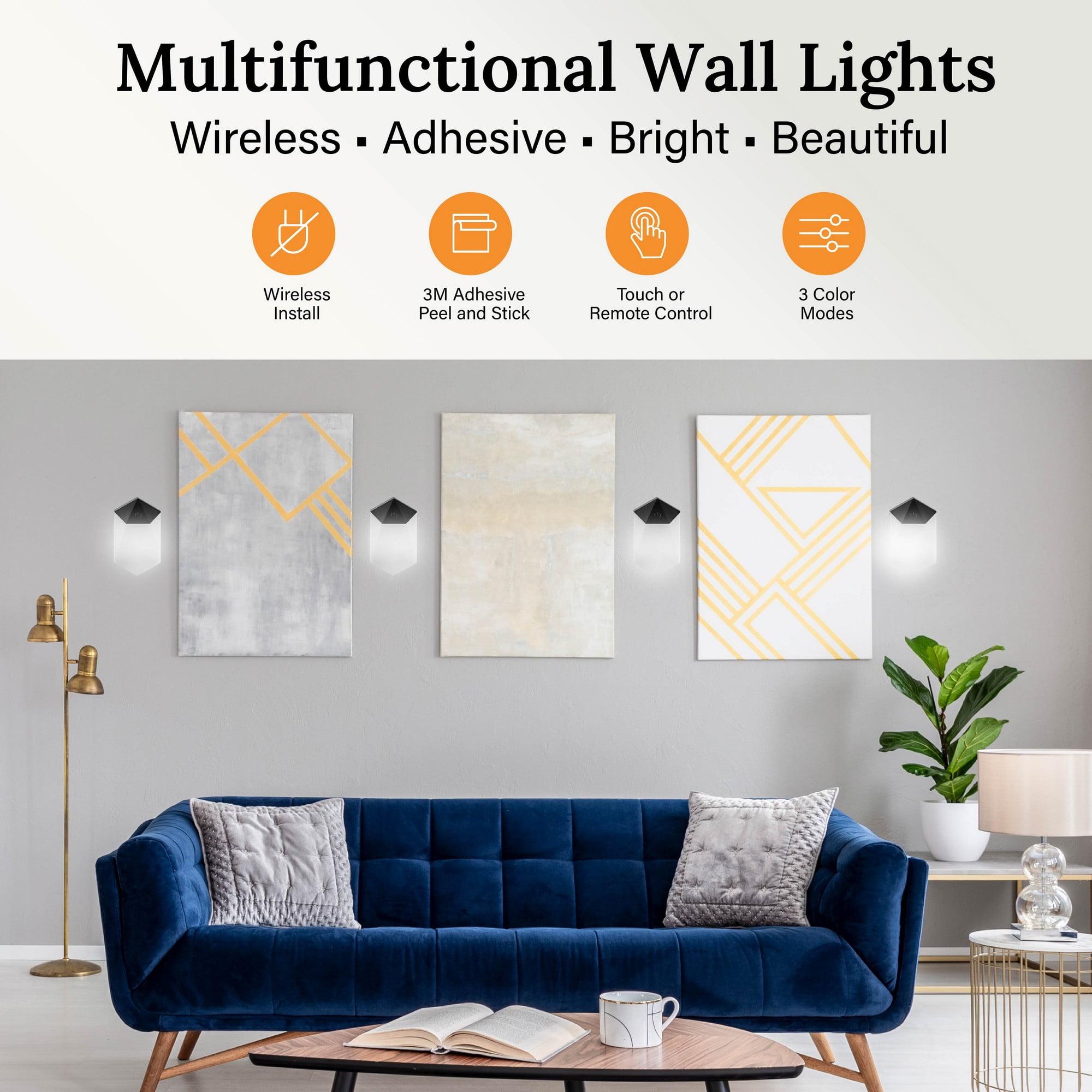 Bell + Howell Diamond Touch Ensemble de 3 Lumières Murales DEL Noires avec Télécommande et Modes de Couleur