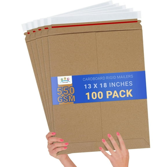 Rigid Cardboard Photo Mailers, Pack of 100, 13 x 18 Inch, Brown, with Tear-Off Strip, 550 GSM, Kraft