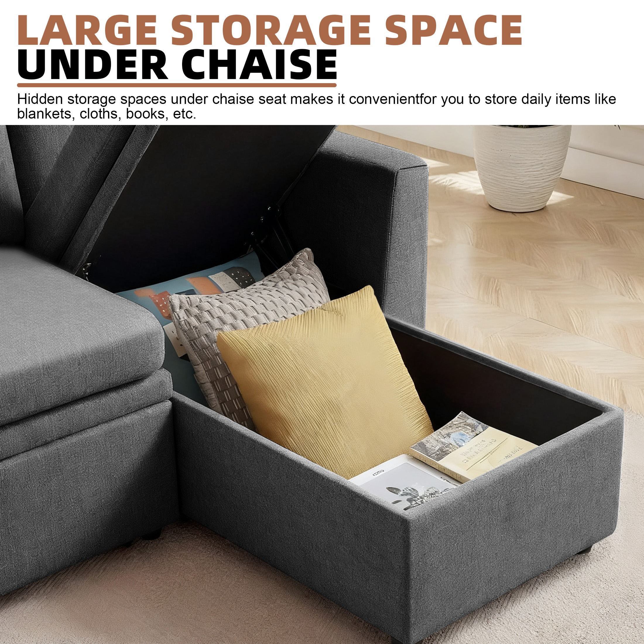 Aukfa Pull-Out Sleeper Sofa Bed with Storage Chaise, Reversible Loveseat for Living Room, Linen, Light Gray