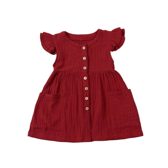 Gupgi Robe à Manches Volantes pour Filles Couleur Unie Col Rond Robes à Simple Boutonnage