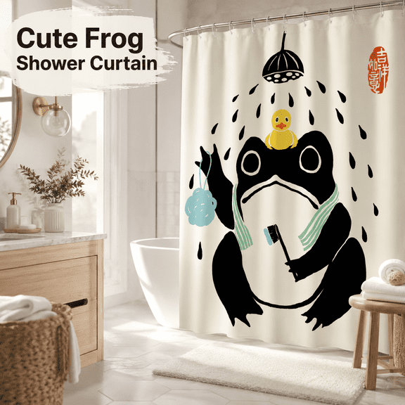 MORAVE 60Wx71H Inch Funny Frog Shower Curtain Set, Retro Black Beige Asian Art Style Bath Decor with 12 Pack Hooks