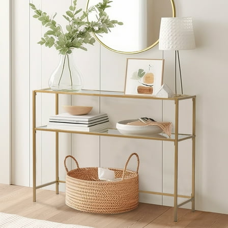 Ktaxon 2-Tier Glass Console Sofa Table, Modern Entryway Living Room Table with Tempered Glass Shelf Accent Table for Home Decor, Gold