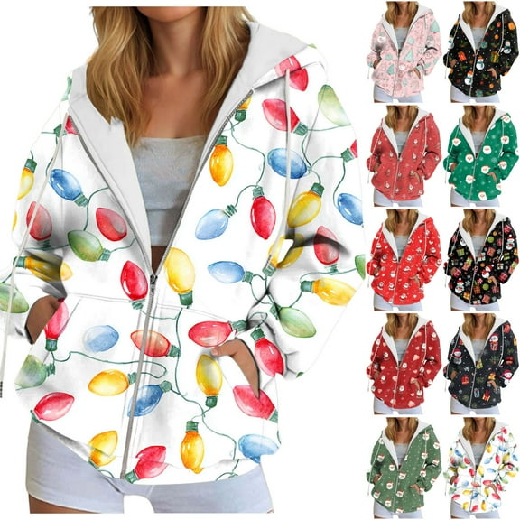 idosla Zip Up Christmas Hoodie Women Oversized Hoodie Casual Long Sleeve Graphic Jackets with Pockets Zipper Drawstring (Light Green, XXL)