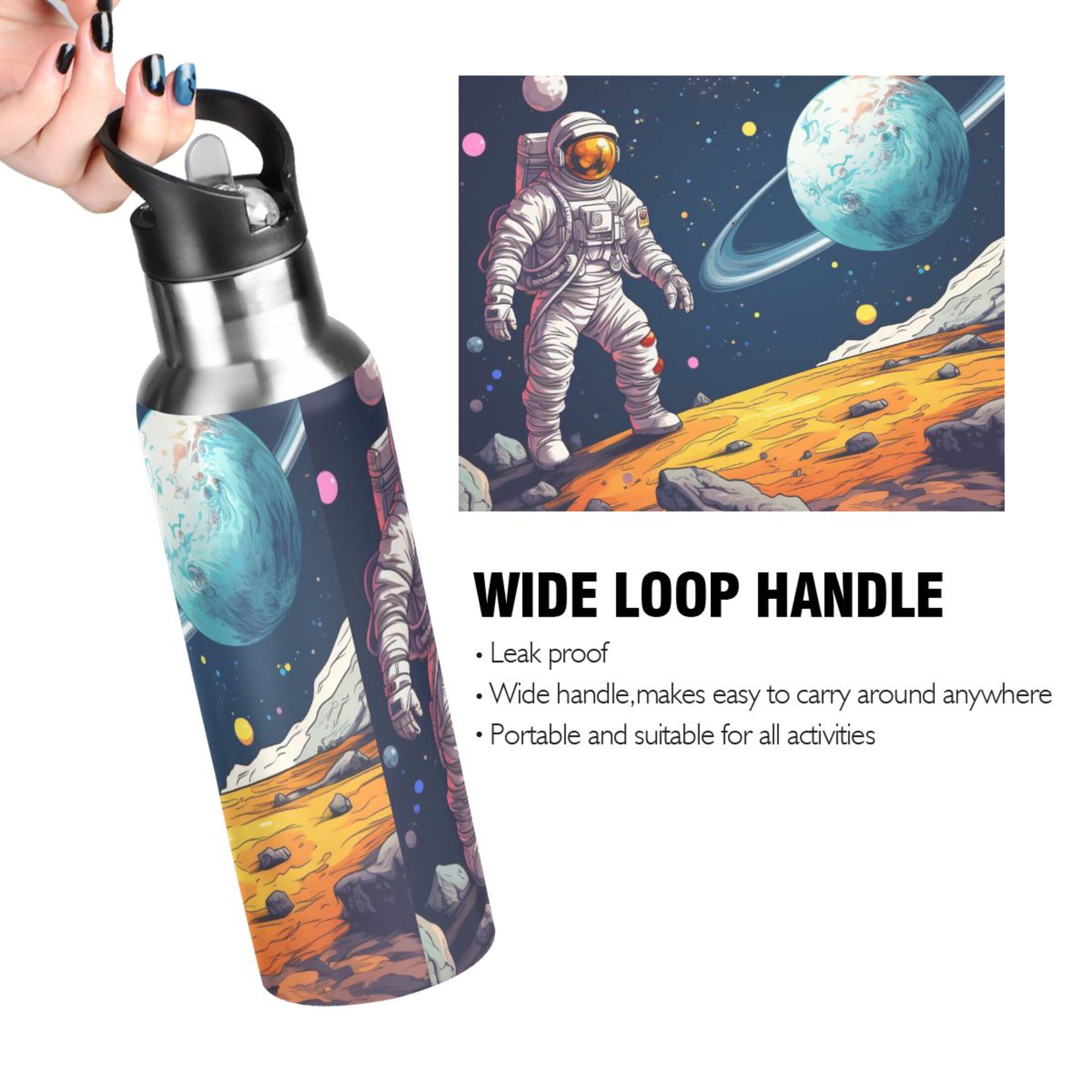 OREZI Stainless Steel Water Bottle Astronaut Walk on Planet 20oz/600ml Double Wall Vacuum Insulation Leakproof for Sports Travel