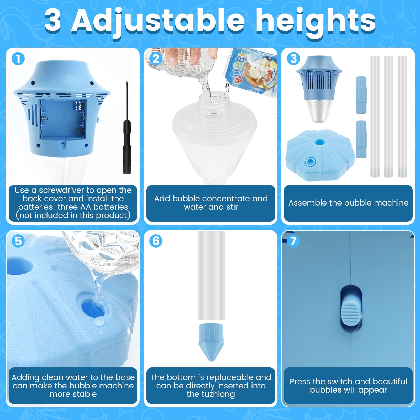Threns Bubble Machine with Lights and Music Flexible Bubble Blower Adjustable Vertical Bubble Machine Portable Bubble Maker for Outdoor Birthday Party Wedding