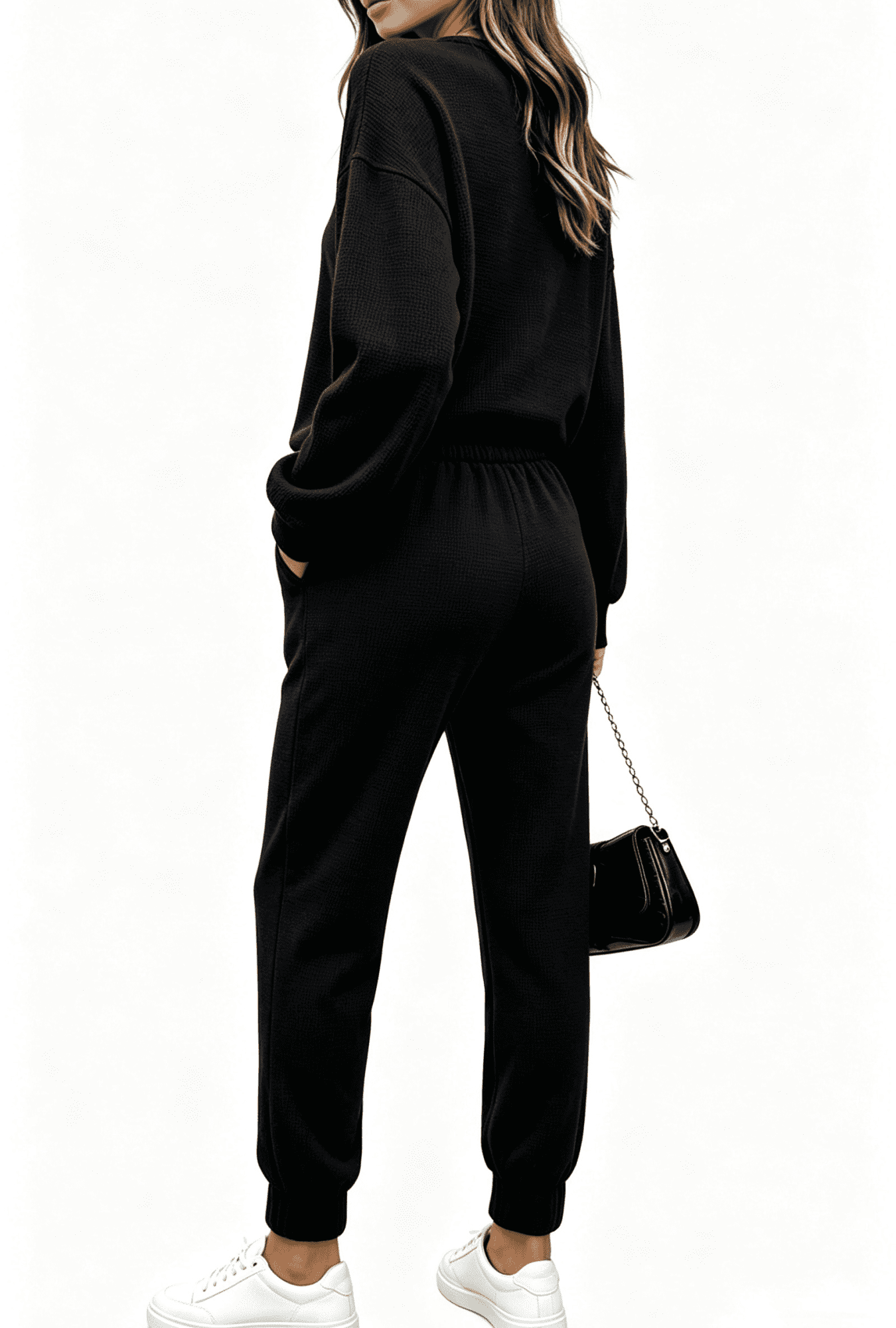 Fiophy Women's Lounge Set Waffle Knit Travel Outfits Long Sleeve Tracksuit Joggers Sets with Pockets, Black, XL