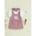 thumbnail image 4 of Baby Toddler Girl Easter Outfit 3 6 12 18 Months Solid Short Sleeve Romper Bunny Overall Dress Tie-up Headband 3 Pcs Clothing Set, 4 of 9