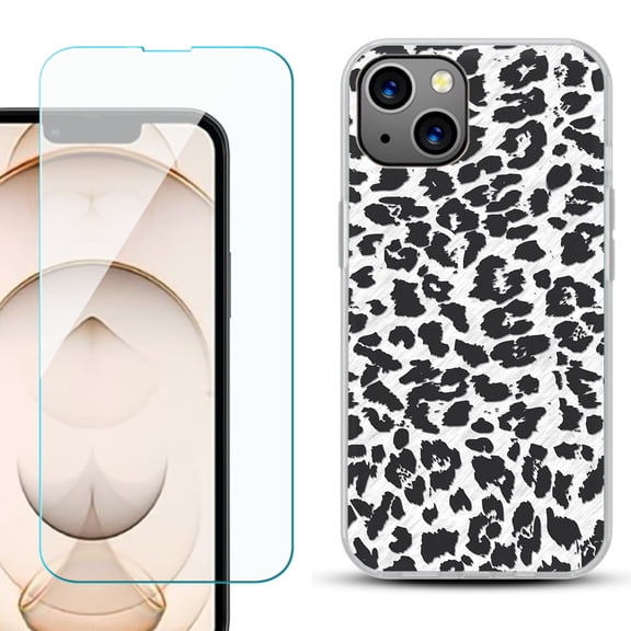 Slim-Fit Flexible TPU Gel Phone Case for iPhone 13, with Tempered Glass Screen Protector, by OneToughShield ® - Cheetah B/W