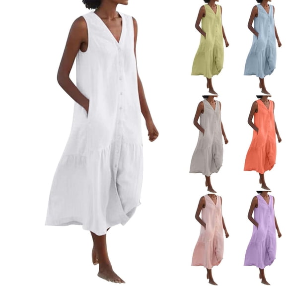 Antinious Summer Dresses for Women,Womens Dresses for Party,Beach Dresses for Women Solid Solor V-Neck Sleeveless Button Dress And Linen,Pink,L