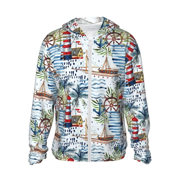 Fotbe Watercolor Sailboat Chaqueta con Protección Solar UPF 50+ para Hombre y Mujer, Camisa con Capucha y Bolsillos-XX-Large