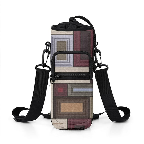 Water Bottle Carrier Holder Sling Bag Sleeve 25/32/40/64 Oz Abstract Geometric Insulated Sling Sleeve Case Cover with Strap Pockets for Men/Women Boys Girls
