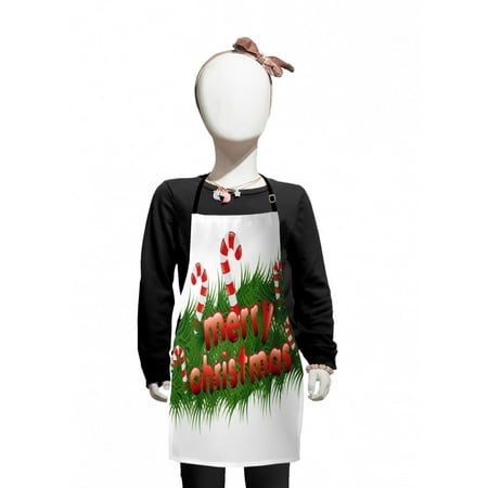 

Christmas Kids Apron Candy Canes on Abstract Garland Design Happy Wishes for Upcoming Holiday Natural Boys Girls Apron Bib with Adjustable Ties for Cooking Baking Painting Emerald Red by Ambesonne