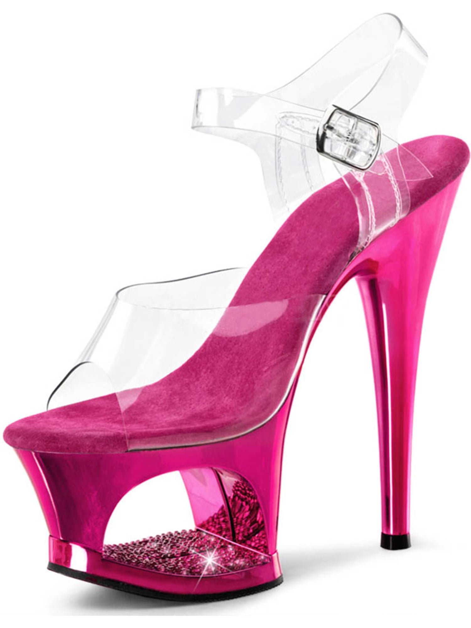 Pleaser - Shiny Hot Pink Heels with Rhinestone Encrusted Cutout ...