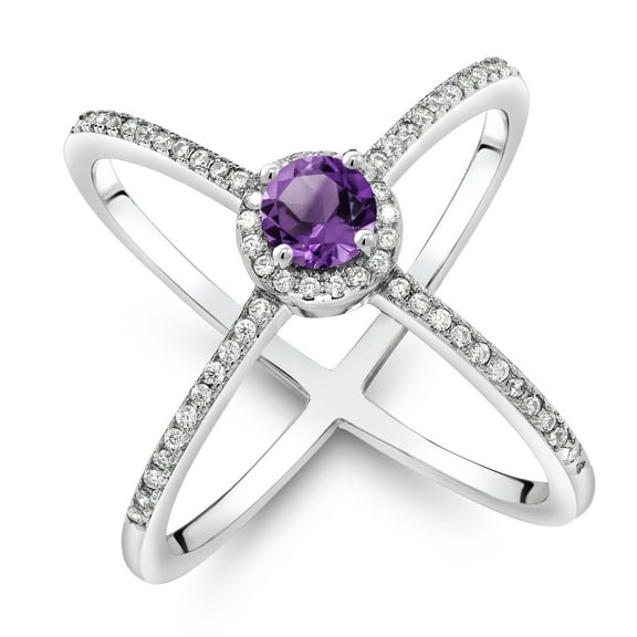 Gem Stone King Criss Cross X Ring for Women | 925 Sterling Silver | Round Purple Amethyst | 1.29 Cttw | Gemstone Birthstone | Fine Jewelry Gifts for Her Mom Women Wife (Size 7)